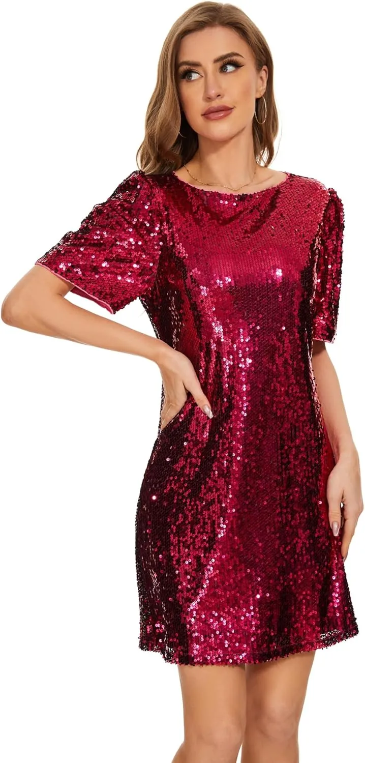 Women Puff Short Sleeve Sparkle Shift Dress Crewneck Sequin Shimmer Cocktail Party Dress