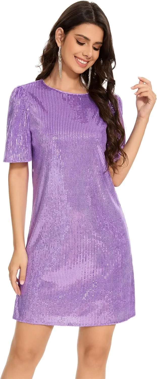 Women Puff Short Sleeve Sparkle Shift Dress Crewneck Sequin Shimmer Cocktail Party Dress