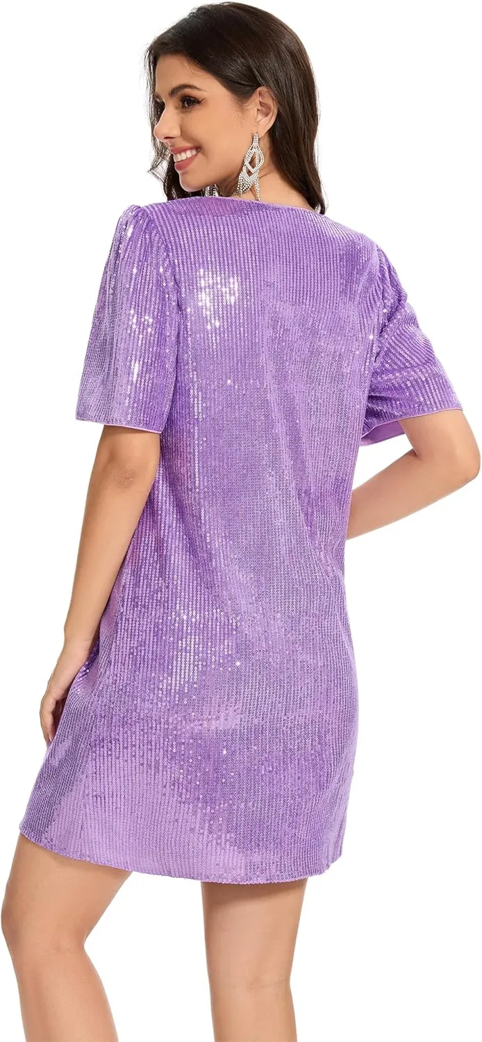 Women Puff Short Sleeve Sparkle Shift Dress Crewneck Sequin Shimmer Cocktail Party Dress