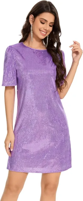 Women Puff Short Sleeve Sparkle Shift Dress Crewneck Sequin Shimmer Cocktail Party Dress
