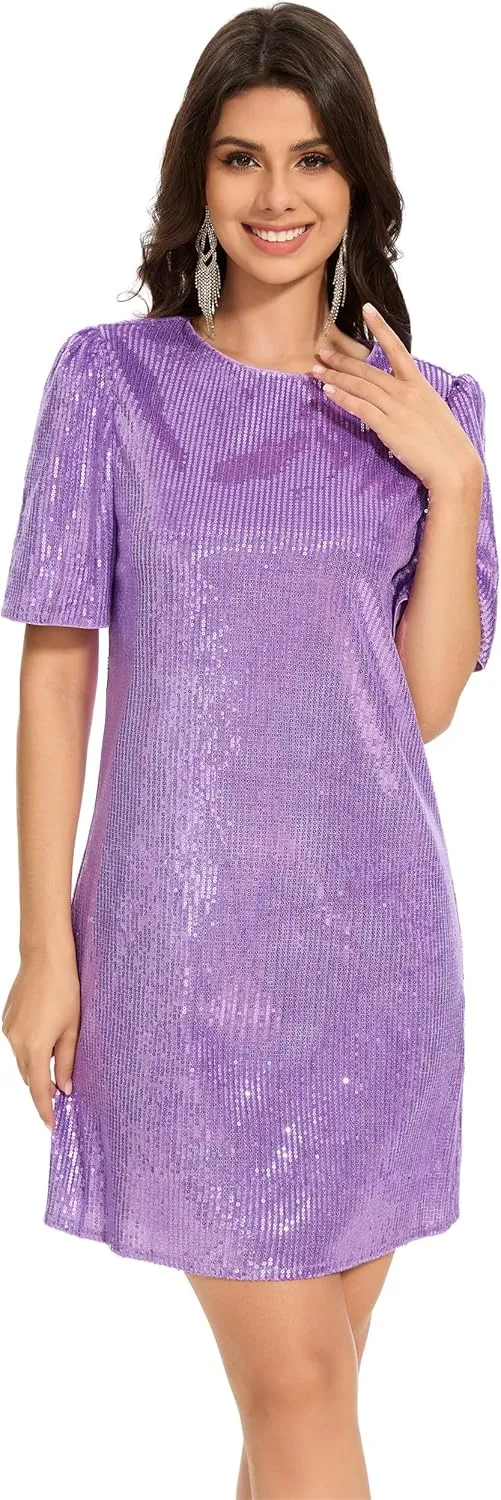 Women Puff Short Sleeve Sparkle Shift Dress Crewneck Sequin Shimmer Cocktail Party Dress