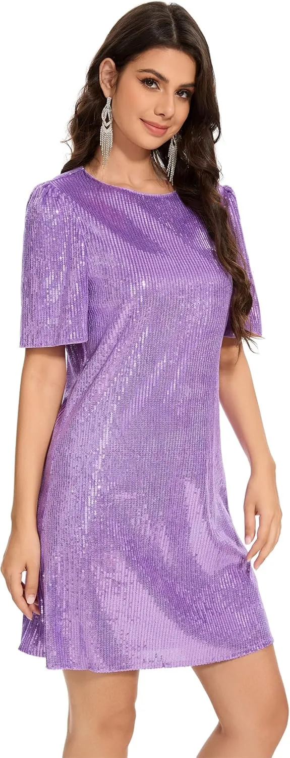 Women Puff Short Sleeve Sparkle Shift Dress Crewneck Sequin Shimmer Cocktail Party Dress