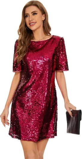 Women Puff Short Sleeve Sparkle Shift Dress Crewneck Sequin Shimmer Cocktail Party Dress