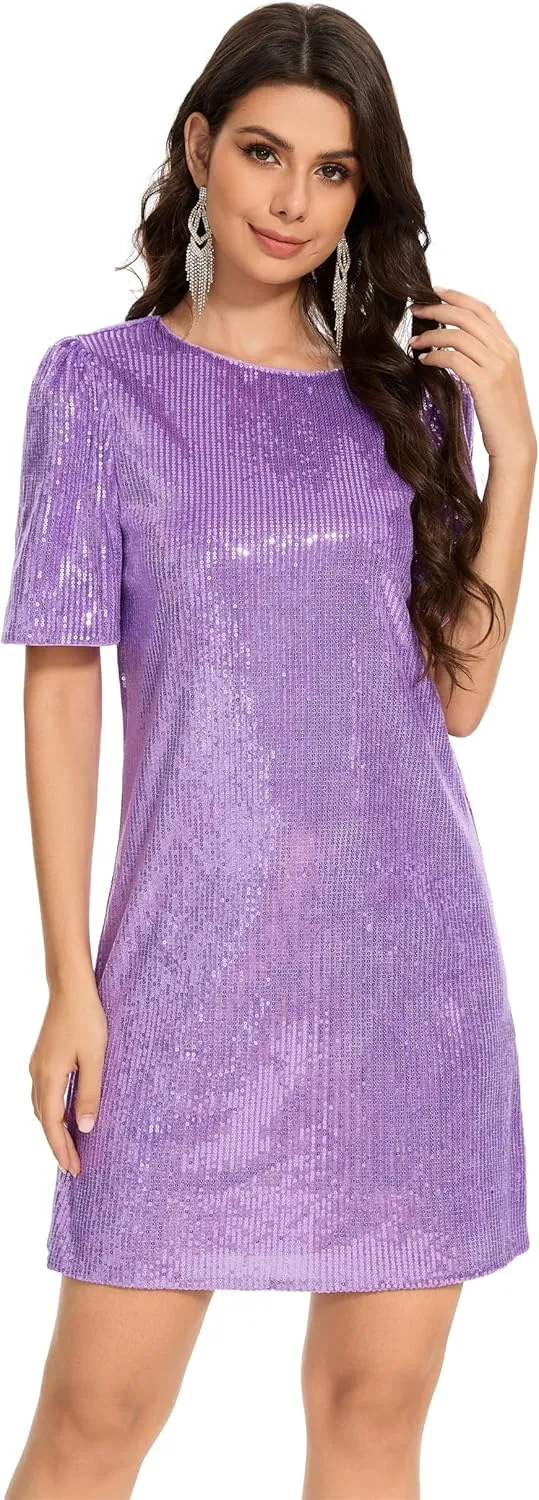 Women Puff Short Sleeve Sparkle Shift Dress Crewneck Sequin Shimmer Cocktail Party Dress