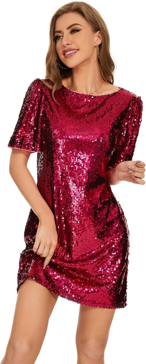 Women Puff Short Sleeve Sparkle Shift Dress Crewneck Sequin Shimmer Cocktail Party Dress