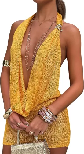 Women Sexy Deep V Neck Mini Dress Bodycon Halter Cowl Neck Party Dress Y2k Backless Short Club Dresses