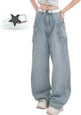 Womens Baggy Jeans Y2K Star Pocket Denims Grunge Teen Girls High Waist Casual Cute Causal Loose Denim Pants