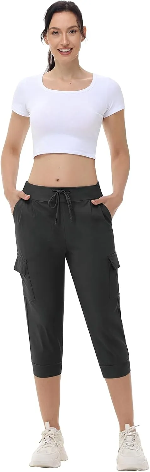 Womens Capri Cargo Joggers Pull on Capris Pants Crop Cropped Golf Pants with Pockets and Drawstring
