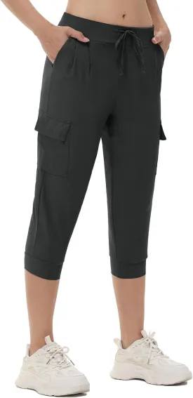 Womens Capri Cargo Joggers Pull on Capris Pants Crop Cropped Golf Pants with Pockets and Drawstring