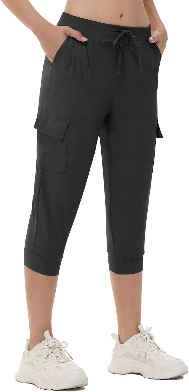 Womens Capri Cargo Joggers Pull on Capris Pants Crop Cropped Golf Pants with Pockets and Drawstring
