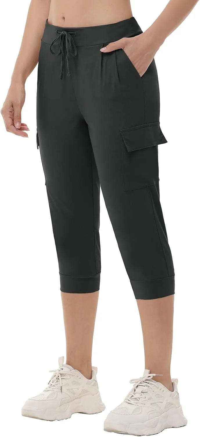 Womens Capri Cargo Joggers Pull on Capris Pants Crop Cropped Golf Pants with Pockets and Drawstring