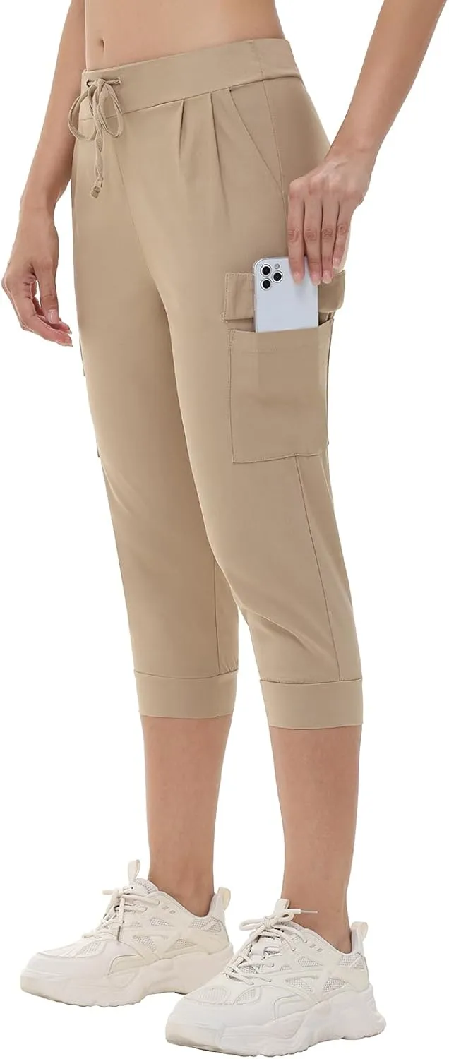 Womens Capri Cargo Joggers Pull on Capris Pants Crop Cropped Golf Pants with Pockets and Drawstring
