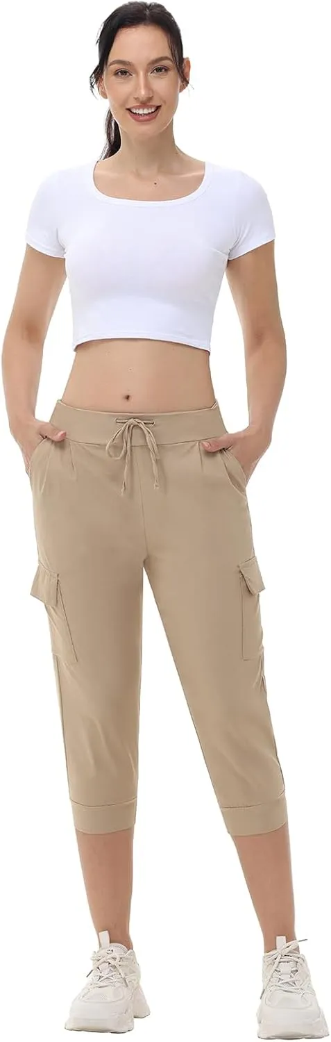 Womens Capri Cargo Joggers Pull on Capris Pants Crop Cropped Golf Pants with Pockets and Drawstring