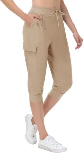 Womens Capri Cargo Joggers Pull on Capris Pants Crop Cropped Golf Pants with Pockets and Drawstring