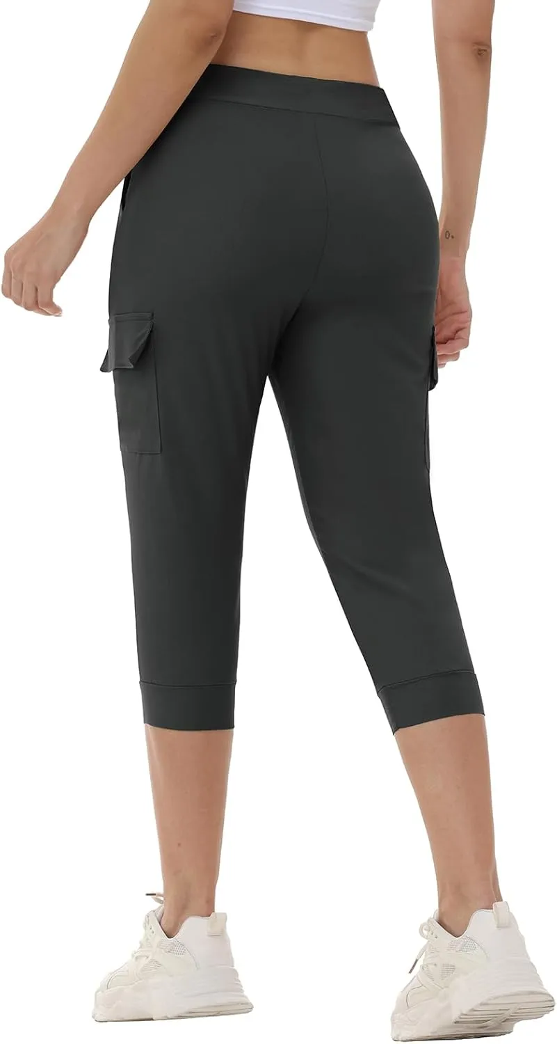 Womens Capri Cargo Joggers Pull on Capris Pants Crop Cropped Golf Pants with Pockets and Drawstring