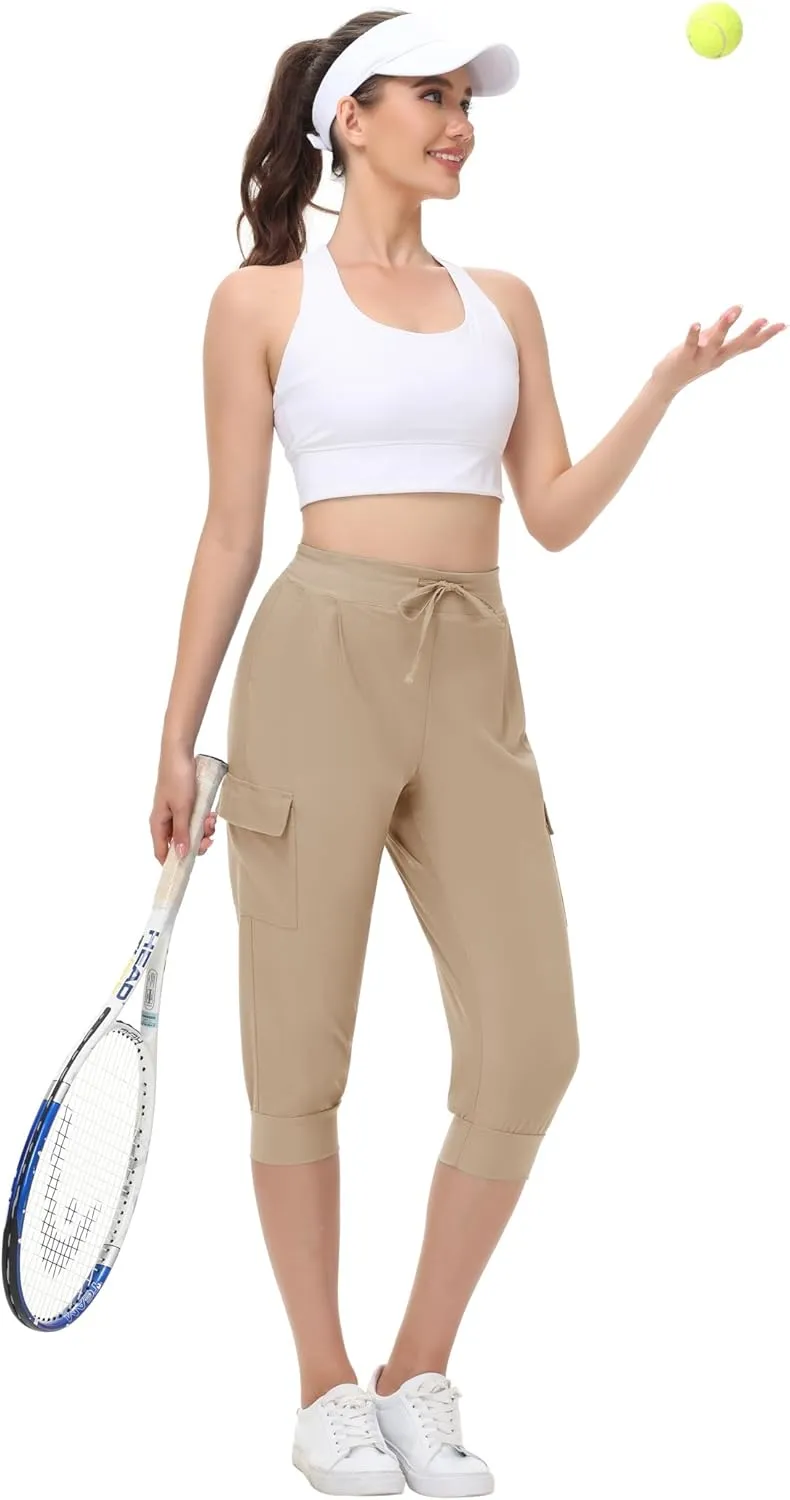 Womens Capri Cargo Joggers Pull on Capris Pants Crop Cropped Golf Pants with Pockets and Drawstring