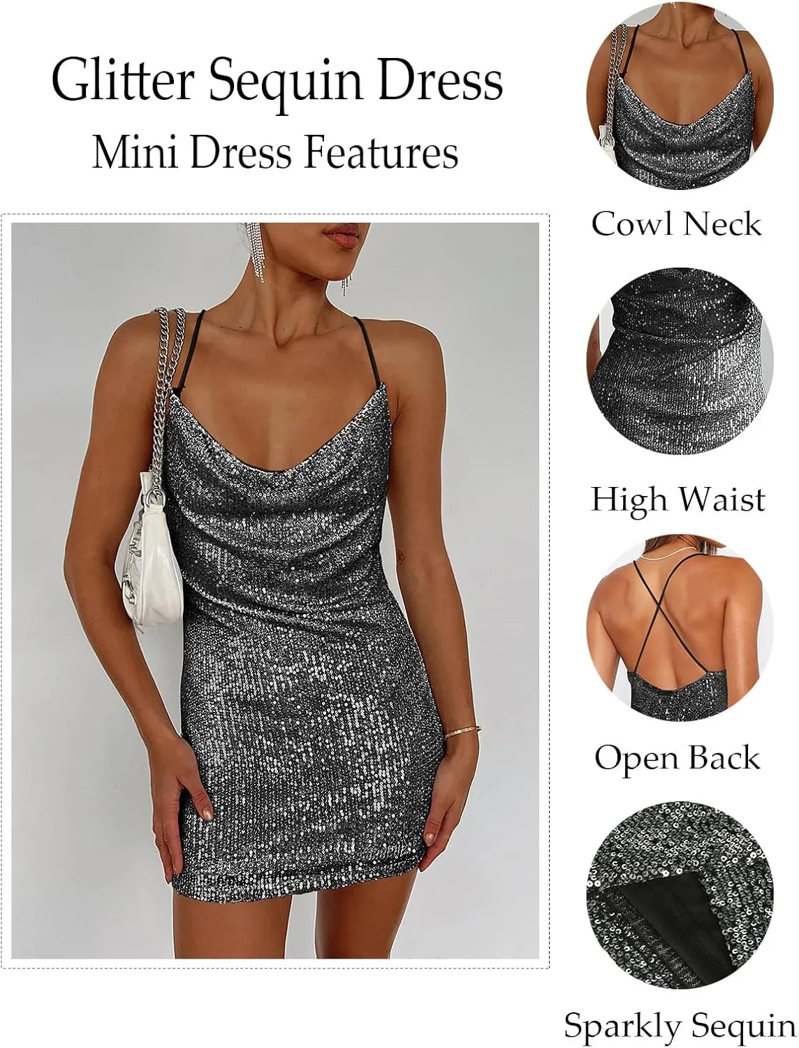 Women's Sequin Sparkly Glitter Dress Sexy Sleeveless Backless Spaghetti Strap Party Club Bodycon Mini Dress