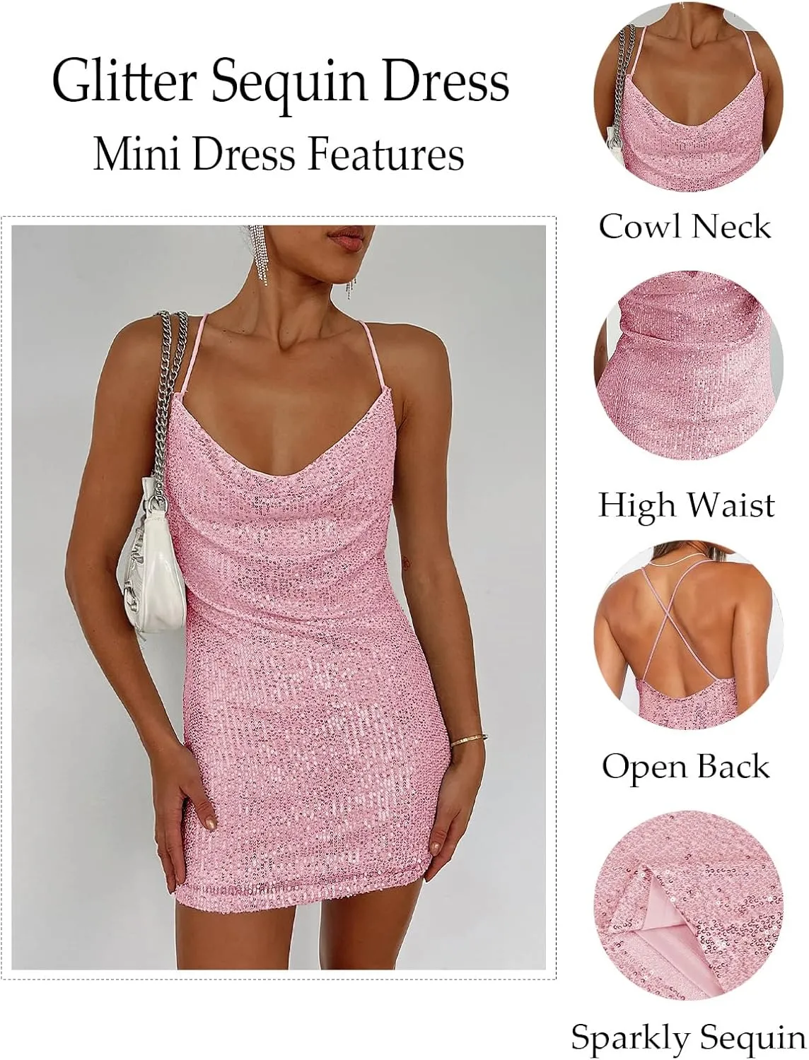 Women's Sequin Sparkly Glitter Dress Sexy Sleeveless Backless Spaghetti Strap Party Club Bodycon Mini Dress