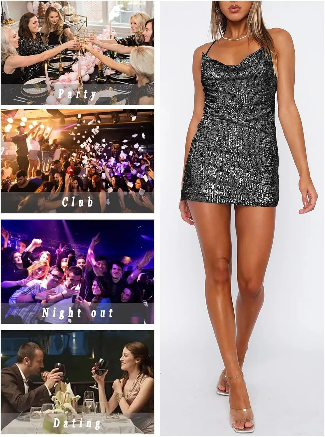 Women's Sequin Sparkly Glitter Dress Sexy Sleeveless Backless Spaghetti Strap Party Club Bodycon Mini Dress
