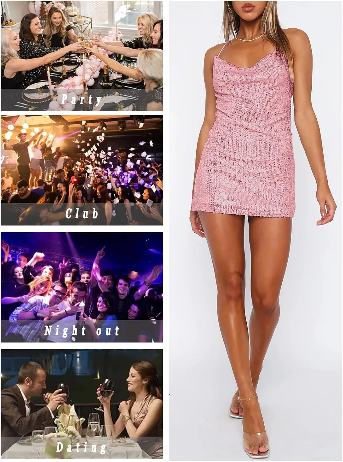 Women's Sequin Sparkly Glitter Dress Sexy Sleeveless Backless Spaghetti Strap Party Club Bodycon Mini Dress