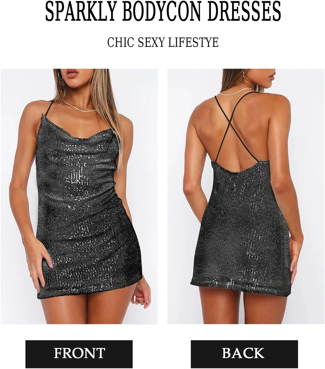 Women's Sequin Sparkly Glitter Dress Sexy Sleeveless Backless Spaghetti Strap Party Club Bodycon Mini Dress