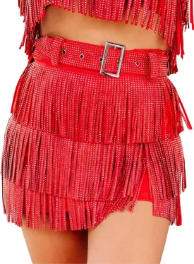 Womens Sparkle Rhinestone Fringe Skirt Elastic Waistband Short Mini Dress with Adjustable and Removable Belt