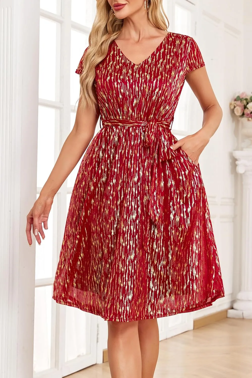 Women's Sparkly Glitter Summer Cocktail Party & Wedding Guest Dress - Short Sleeve with Pockets