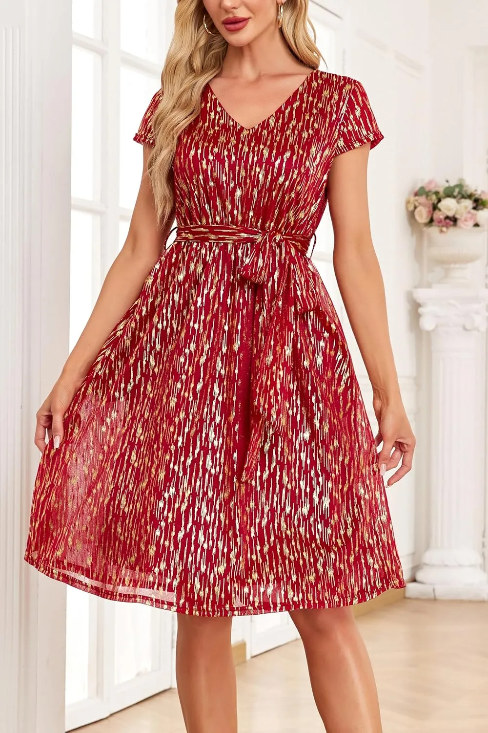 Women's Sparkly Glitter Summer Cocktail Party & Wedding Guest Dress - Short Sleeve with Pockets