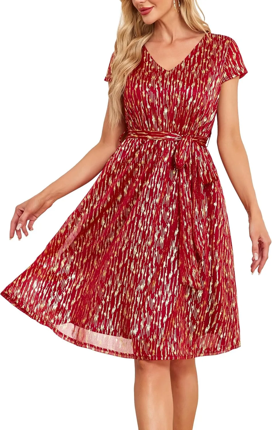 Women's Sparkly Glitter Summer Cocktail Party & Wedding Guest Dress - Short Sleeve with Pockets