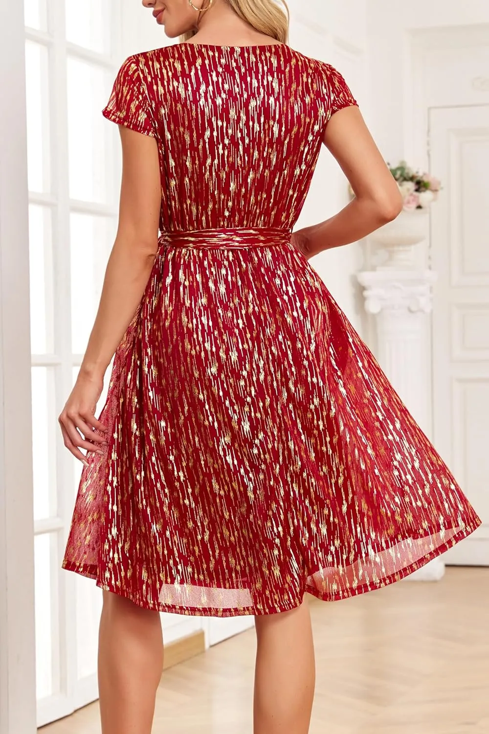 Women's Sparkly Glitter Summer Cocktail Party & Wedding Guest Dress - Short Sleeve with Pockets