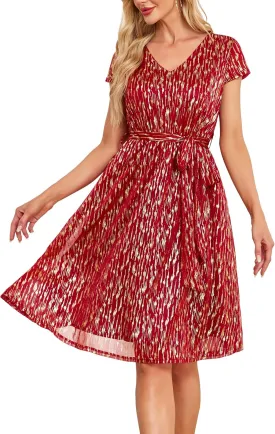 Women's Sparkly Glitter Summer Cocktail Party & Wedding Guest Dress - Short Sleeve with Pockets
