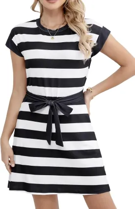 Womens Summer Dresses Striped Crewneck Short Sleeve T Shirt Dress Casual Tie Waist A Line with Pockets