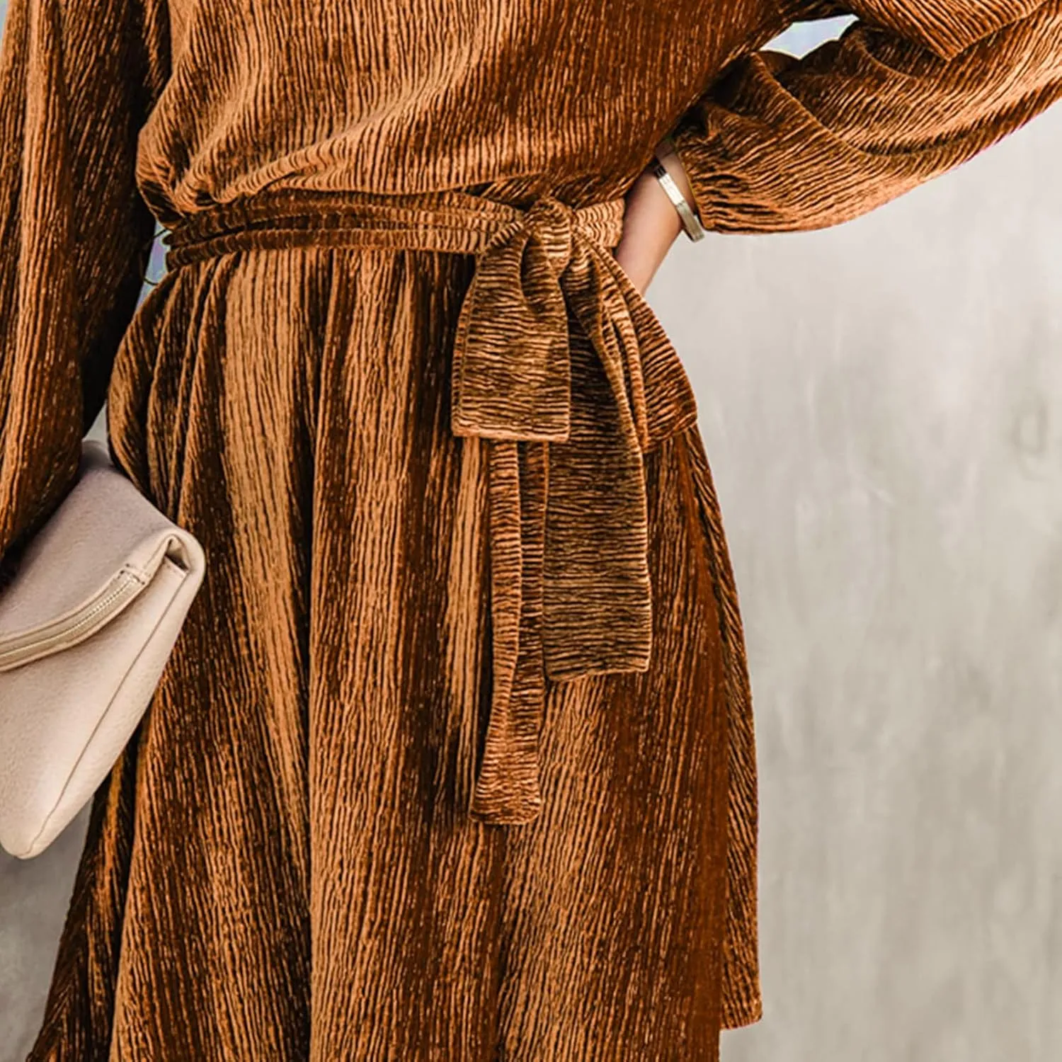 Women's Velvet Dress Long Sleeve Casual Velvet Cocktail Party Dresses Mini Tie Dress for Wedding Guest