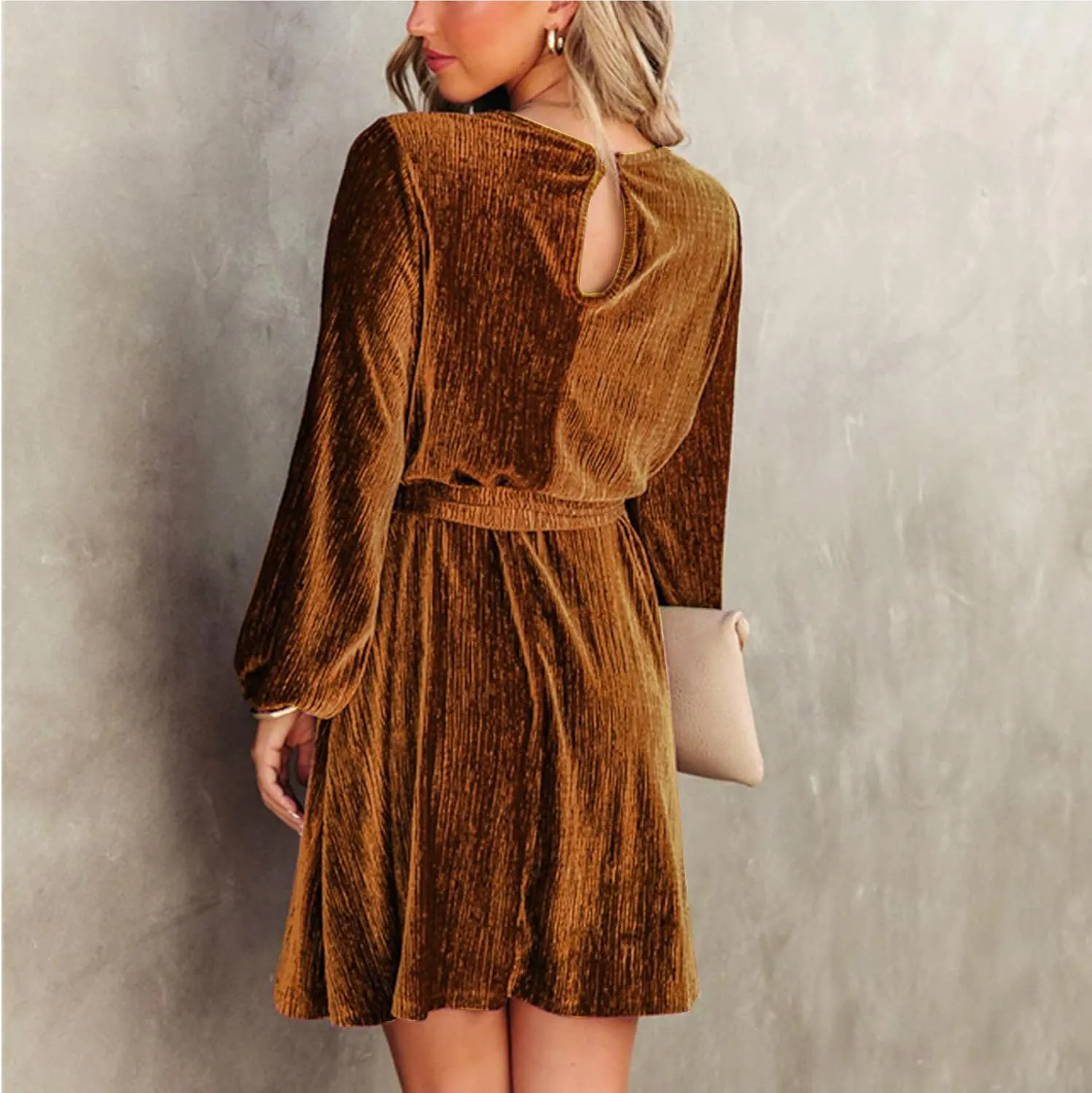 Women's Velvet Dress Long Sleeve Casual Velvet Cocktail Party Dresses Mini Tie Dress for Wedding Guest