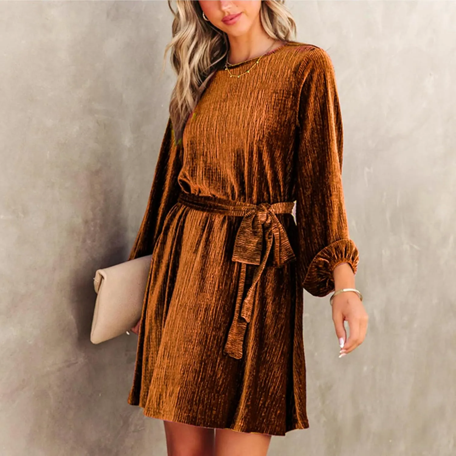 Women's Velvet Dress Long Sleeve Casual Velvet Cocktail Party Dresses Mini Tie Dress for Wedding Guest