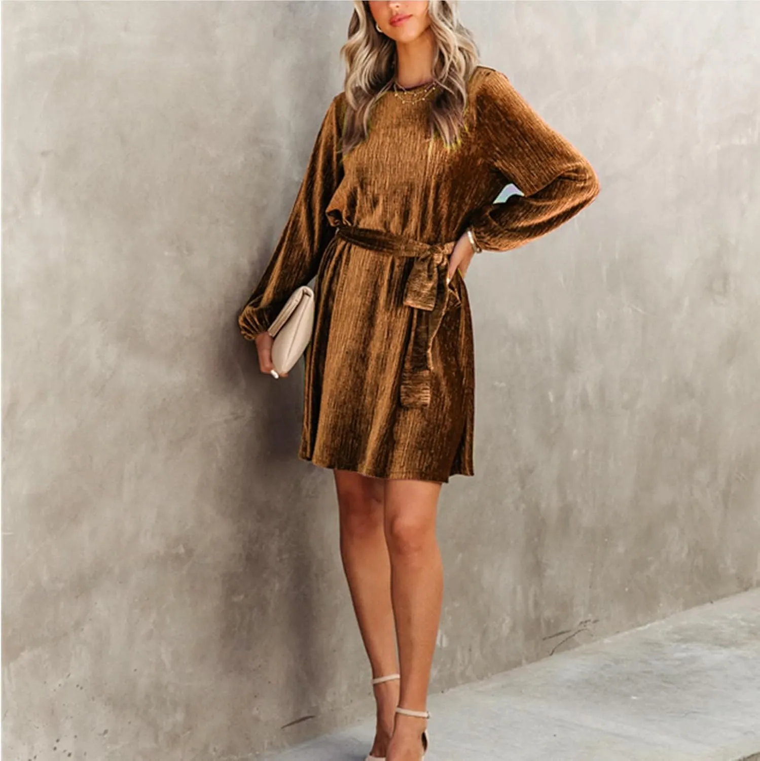 Women's Velvet Dress Long Sleeve Casual Velvet Cocktail Party Dresses Mini Tie Dress for Wedding Guest