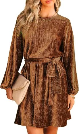 Women's Velvet Dress Long Sleeve Casual Velvet Cocktail Party Dresses Mini Tie Dress for Wedding Guest
