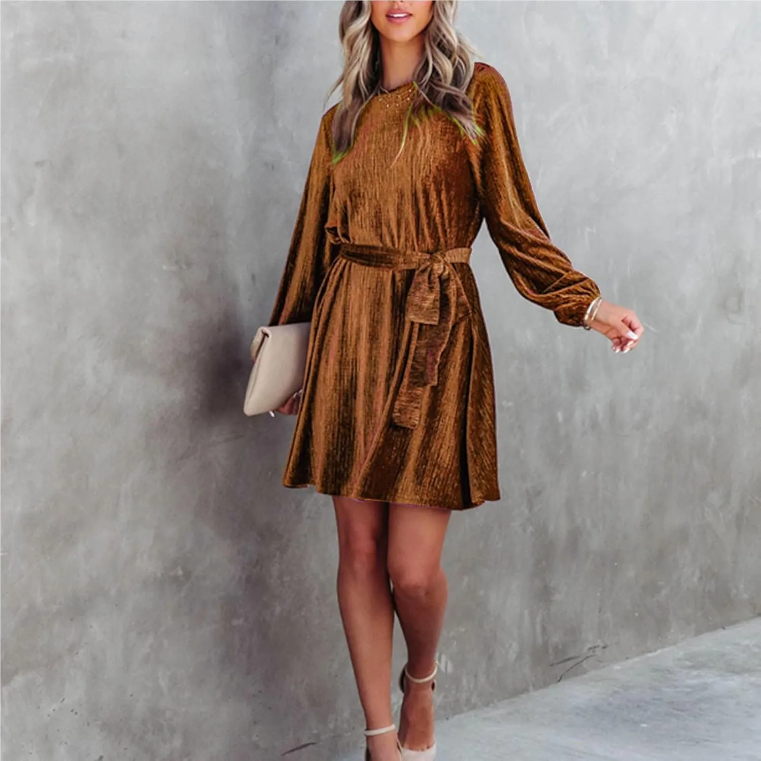 Women's Velvet Dress Long Sleeve Casual Velvet Cocktail Party Dresses Mini Tie Dress for Wedding Guest