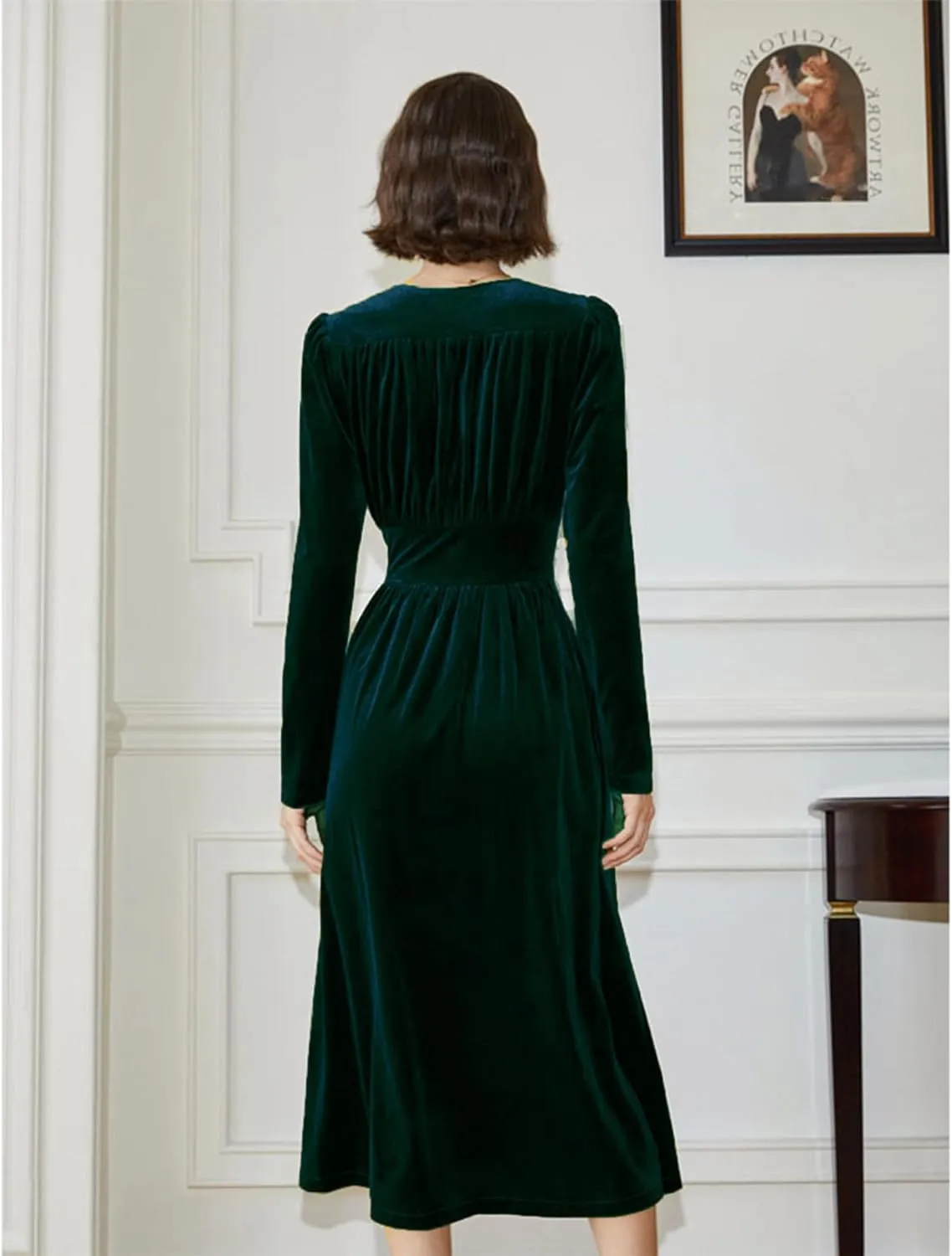 xxxiticat Women's Puff Sleeve Velvet Dress Long Lantern Sleeve V Neck Button Ruffle Pleated Single Breasted Maxi Party Dress