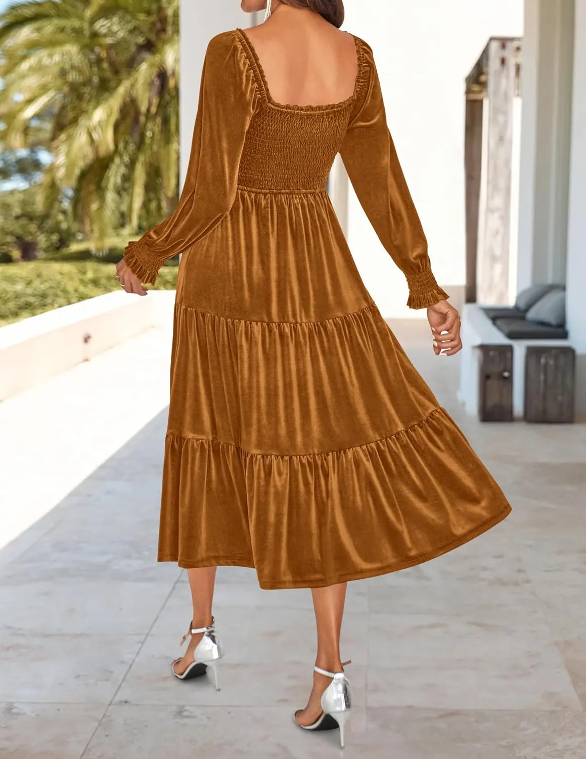 ZESICA Womens Velvet Long Sleeve Dresses 2025 Spring Square Neck Smocked Ruffle A Line Flowy Midi Dress with Pockets