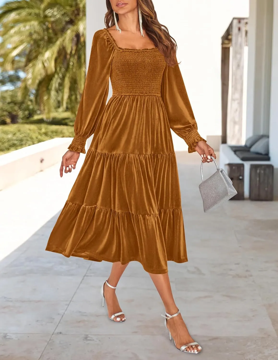 ZESICA Womens Velvet Long Sleeve Dresses 2025 Spring Square Neck Smocked Ruffle A Line Flowy Midi Dress with Pockets