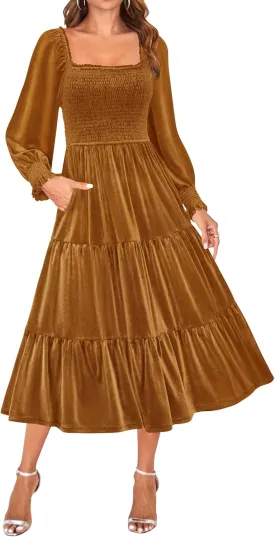 ZESICA Womens Velvet Long Sleeve Dresses 2025 Spring Square Neck Smocked Ruffle A Line Flowy Midi Dress with Pockets