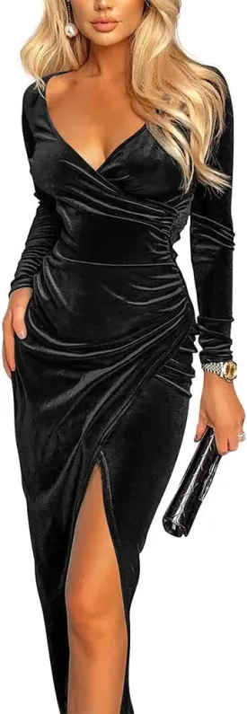 ZileZile Women's Sexy Long Sleeve Ruched Dress Velvet V Neck Cocktail Party Evening Club Maxi Dress