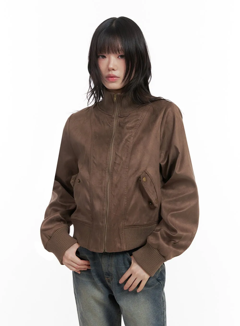 Zip-Up Suede Bomber Jacket ID402