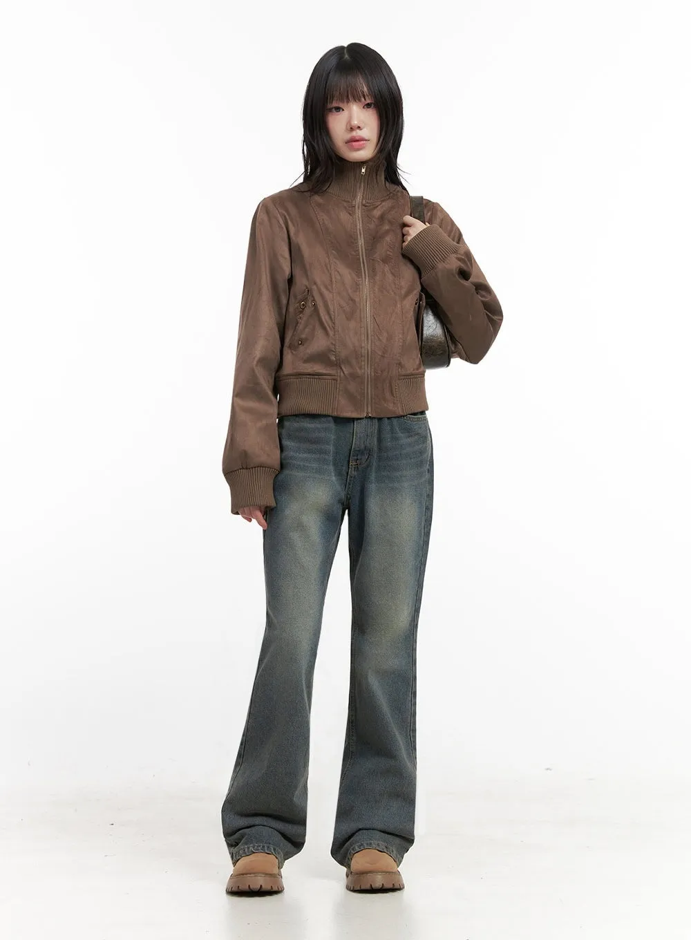 Zip-Up Suede Bomber Jacket ID402