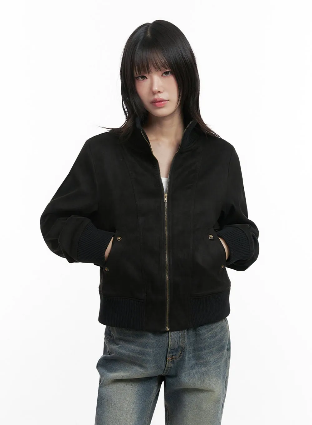 Zip-Up Suede Bomber Jacket ID402